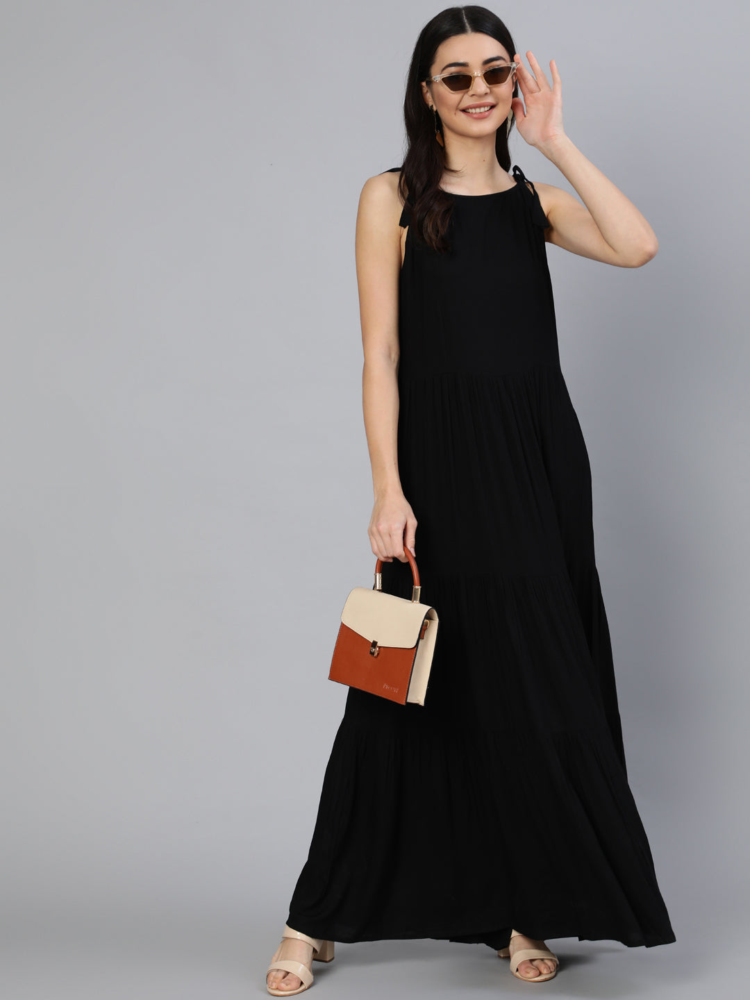 Women's Black Halter Neck Tiered Dress