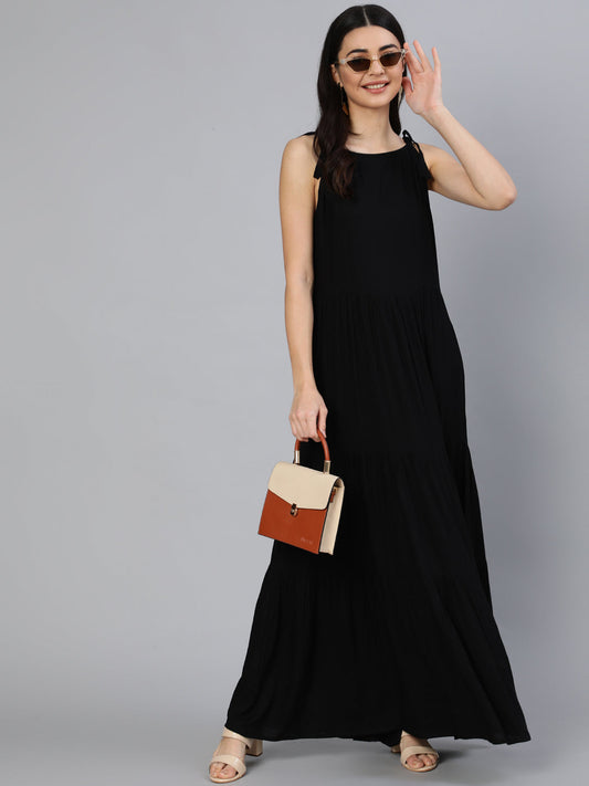 Women's Black Halter Neck Tiered Dress