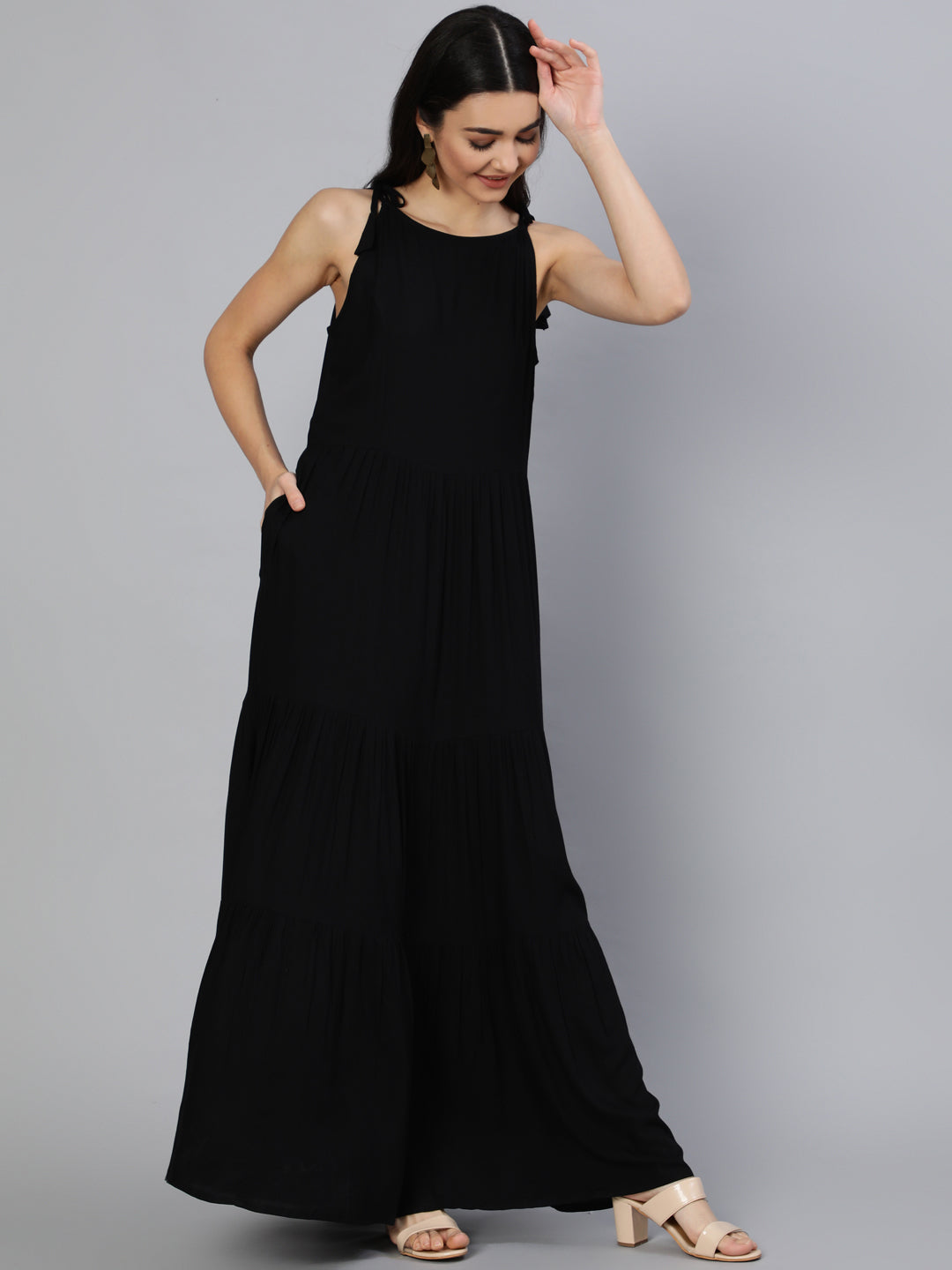 Women's Black Halter Neck Tiered Dress