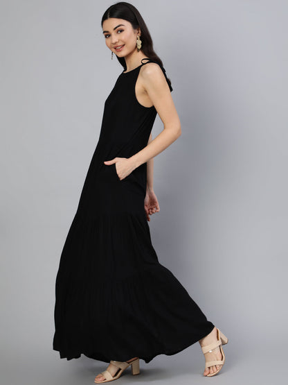 Women's Black Halter Neck Tiered Dress