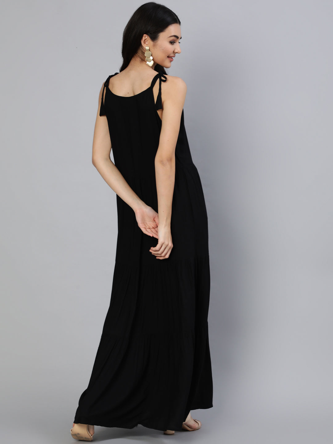 Women's Black Halter Neck Tiered Dress