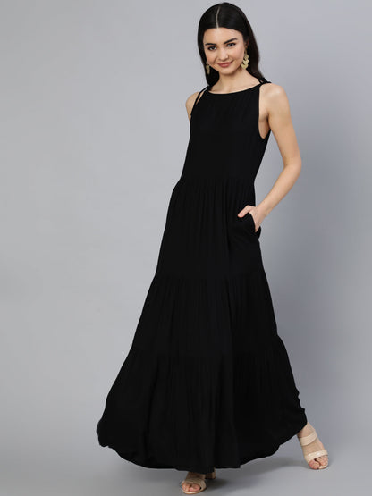 Women's Black Halter Neck Tiered Dress