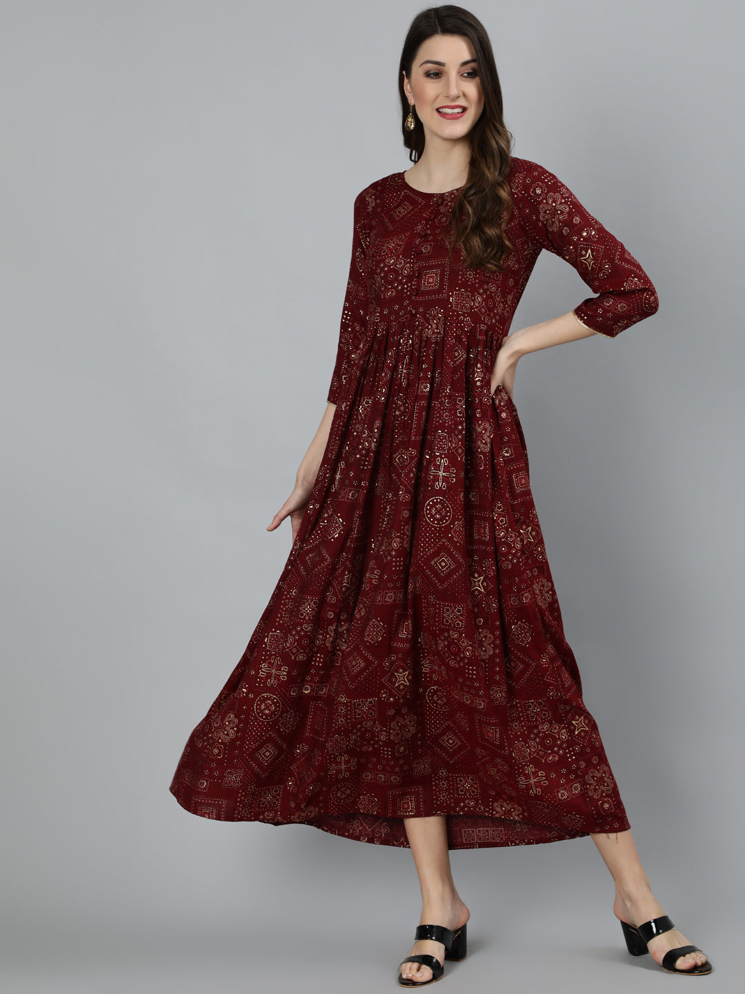Women's Maroon Ethnic Motif Printed Dress With Three Quarter Sleeves