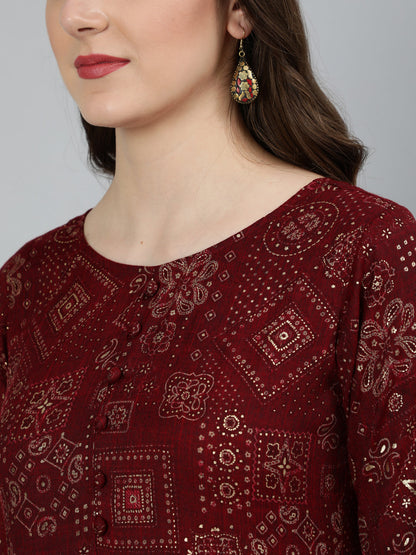 Women's Maroon Ethnic Motif Printed Dress With Three Quarter Sleeves