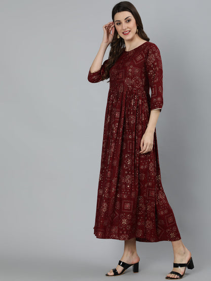 Women's Maroon Ethnic Motif Printed Dress With Three Quarter Sleeves