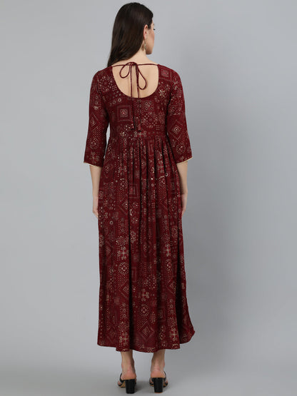 Women's Maroon Ethnic Motif Printed Dress With Three Quarter Sleeves