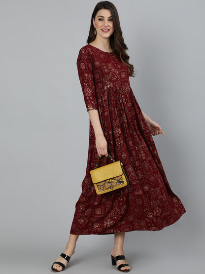 Women's Maroon Ethnic Motif Printed Dress With Three Quarter Sleeves