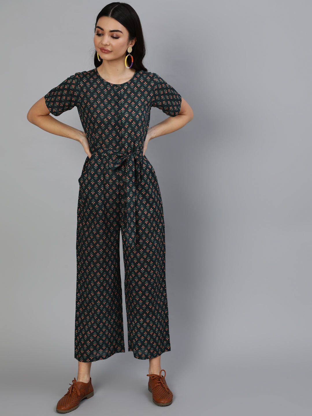 Women's Green Printed Jumpsuit With Side Pockets