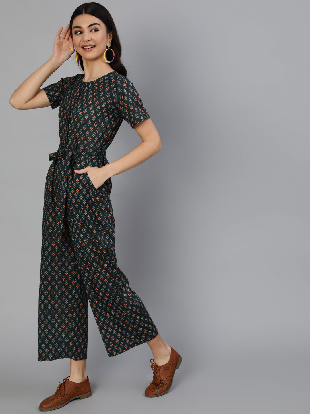 Women's Green Printed Jumpsuit With Side Pockets