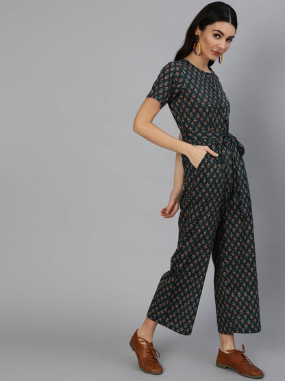 Women's Green Printed Jumpsuit With Side Pockets