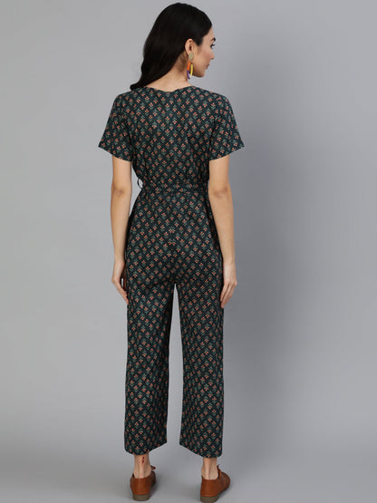 Women's Green Printed Jumpsuit With Side Pockets