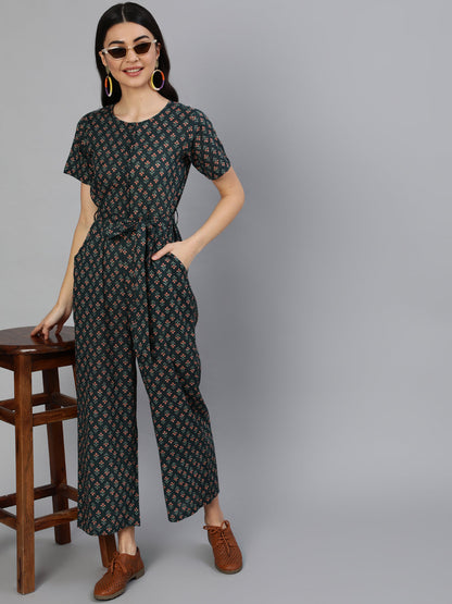 Women's Green Printed Jumpsuit With Side Pockets
