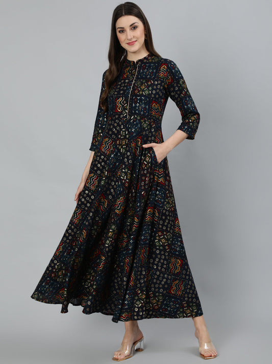 Women's Navy Blue Geometric Printed Dress With Three Quarter Sleeves