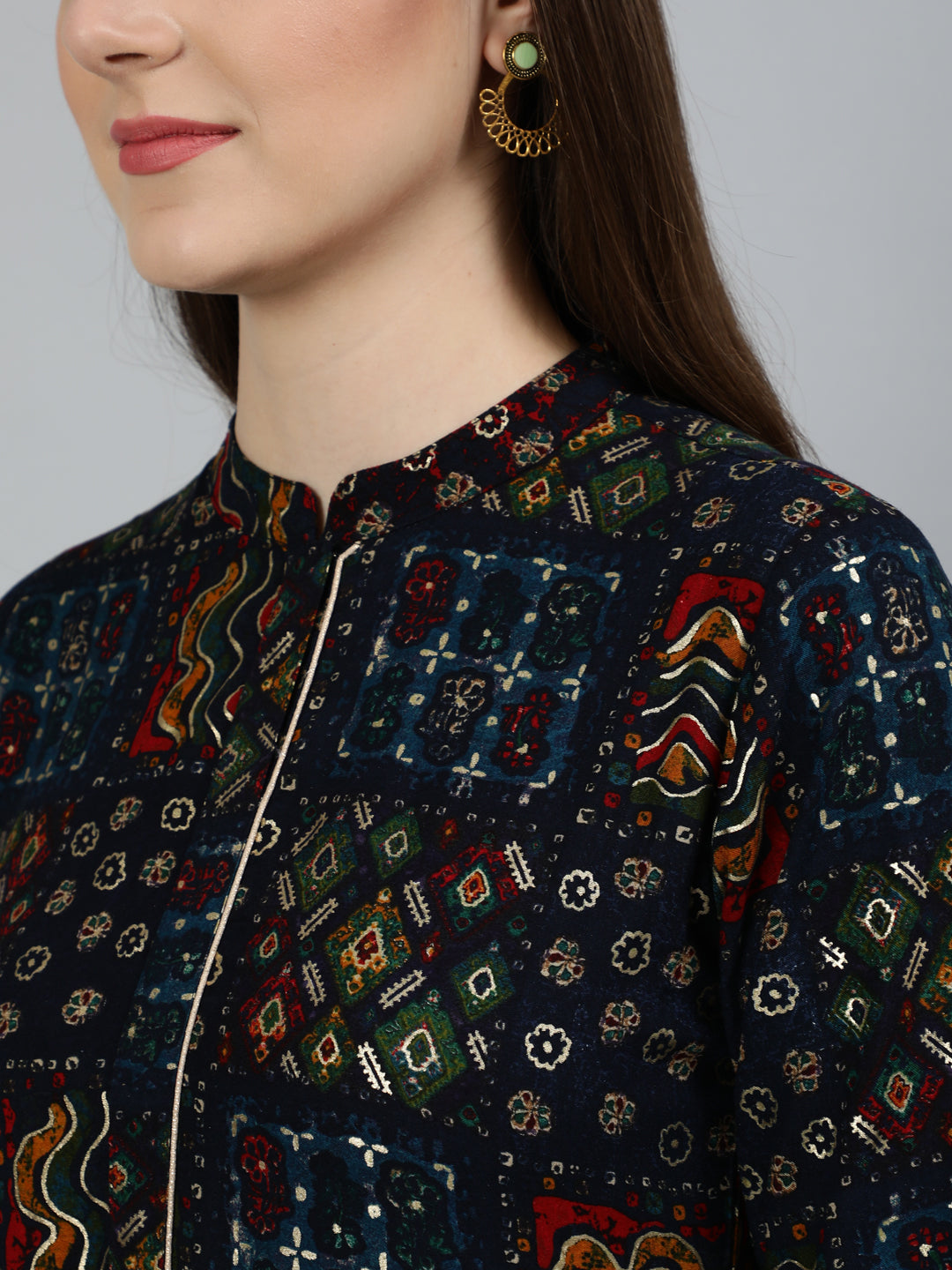 Women's Navy Blue Geometric Printed Dress With Three Quarter Sleeves
