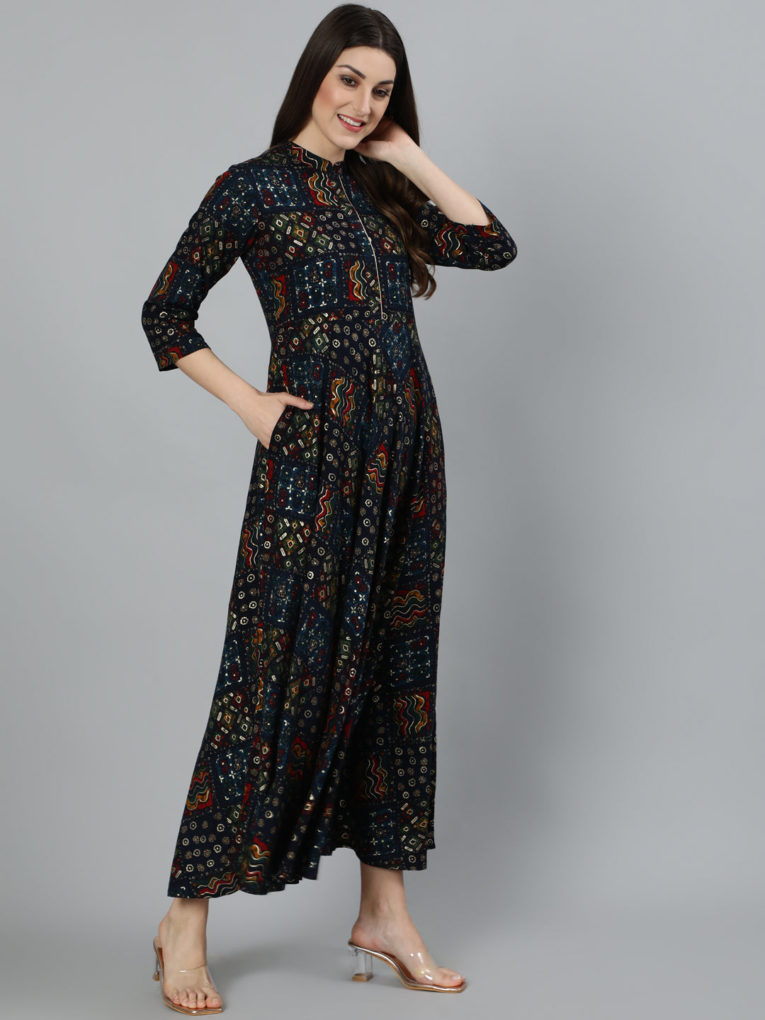 Women's Navy Blue Geometric Printed Dress With Three Quarter Sleeves
