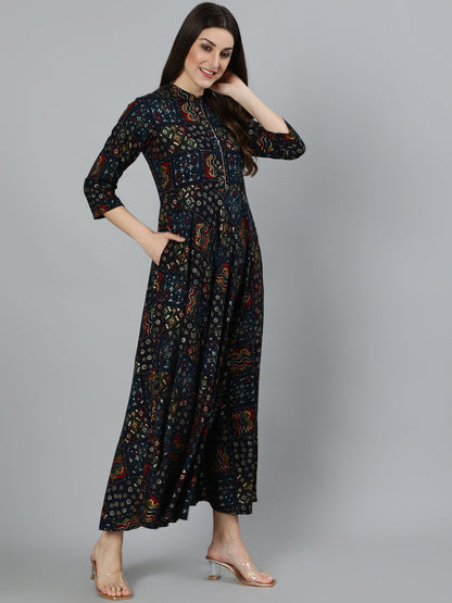 Women's Navy Blue Geometric Printed Dress With Three Quarter Sleeves
