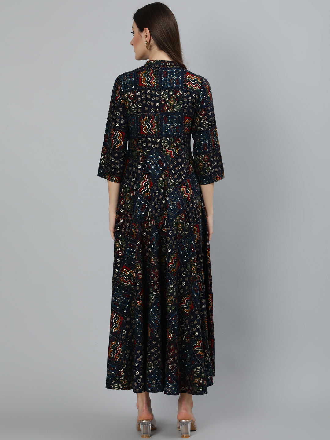 Women's Navy Blue Geometric Printed Dress With Three Quarter Sleeves