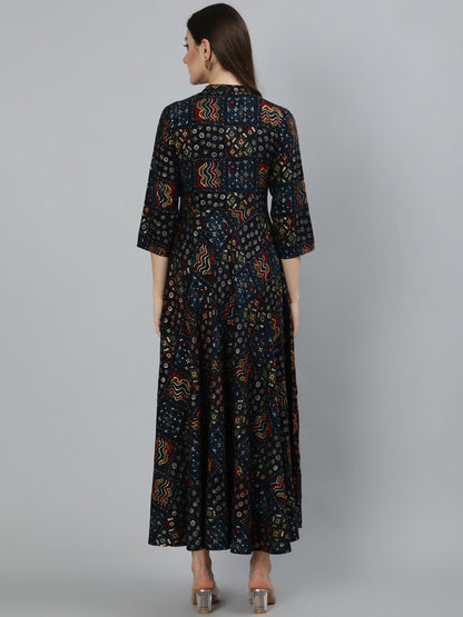 Women's Navy Blue Geometric Printed Dress With Three Quarter Sleeves