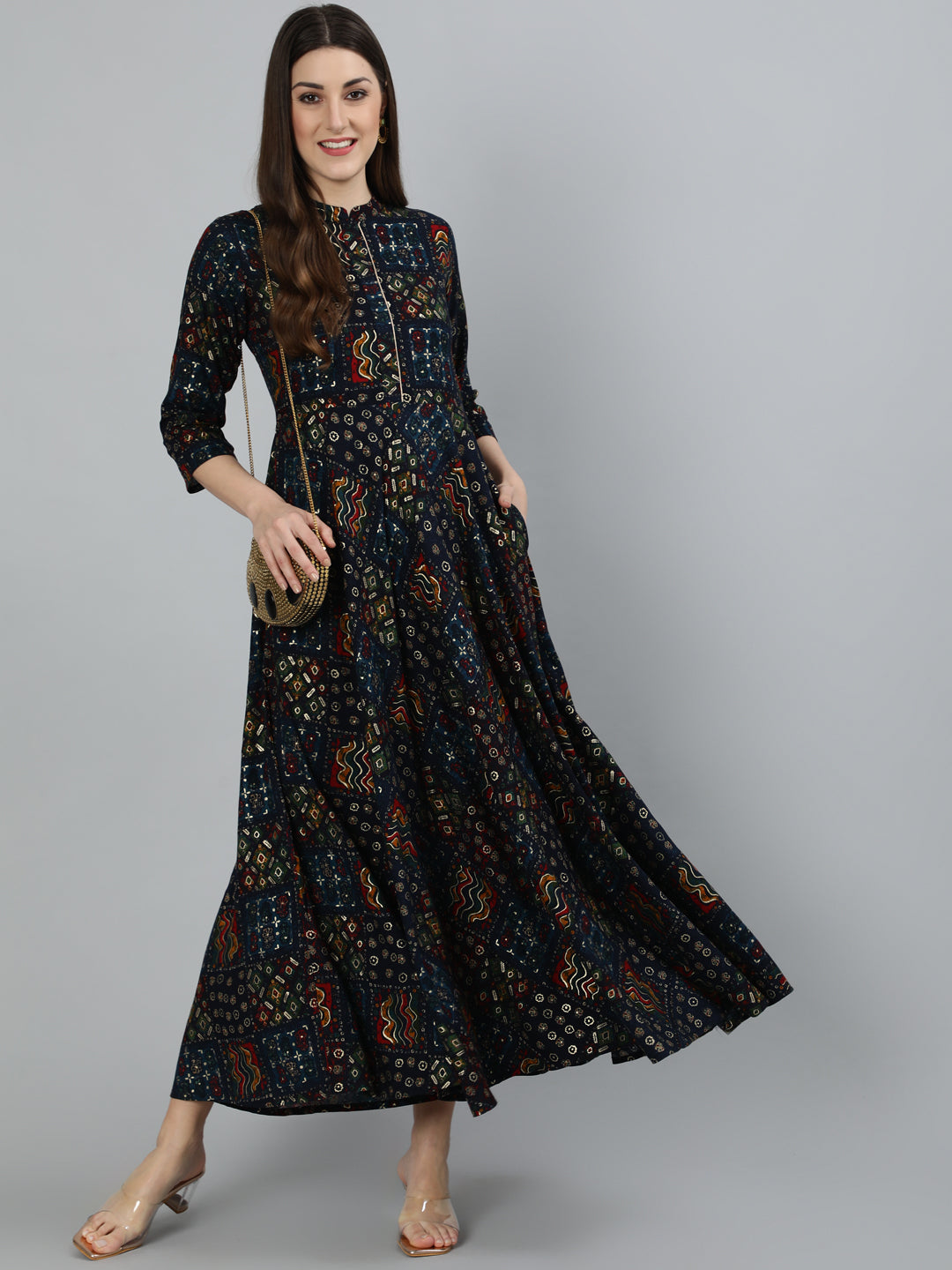 Women's Navy Blue Geometric Printed Dress With Three Quarter Sleeves