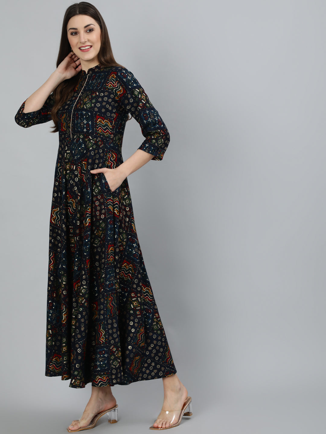 Women's Navy Blue Geometric Printed Dress With Three Quarter Sleeves