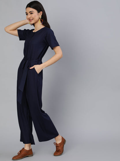 Women's Navy Blue Jumpsuit With Side Pockets