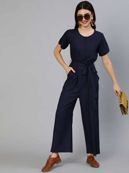 Women's Navy Blue Jumpsuit With Side Pockets