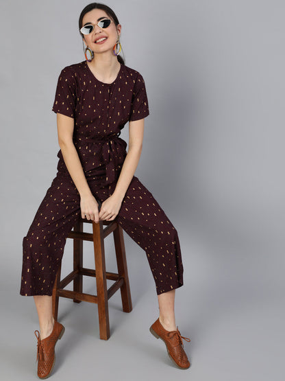 Women's Burgundy Printed Jumpsuit With Side Pockets