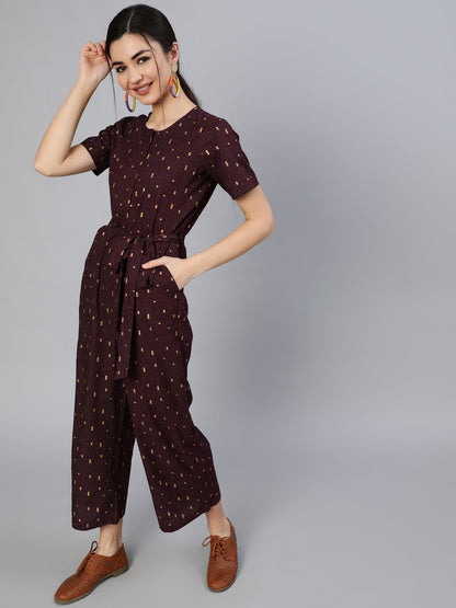 Women's Burgundy Printed Jumpsuit With Side Pockets