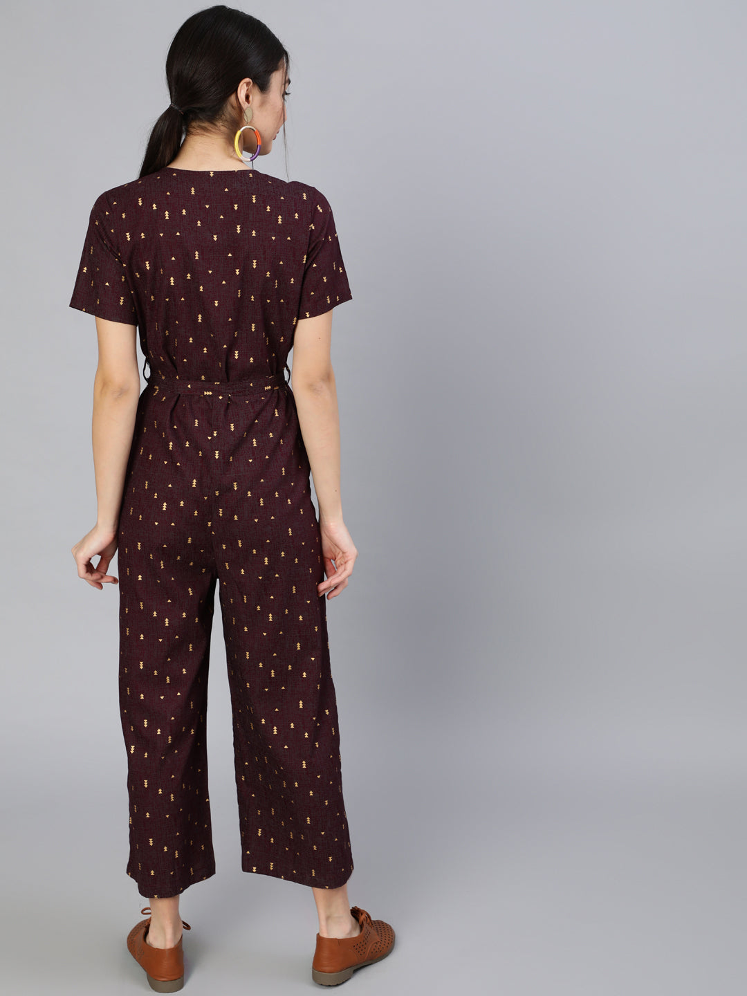 Women's Burgundy Printed Jumpsuit With Side Pockets