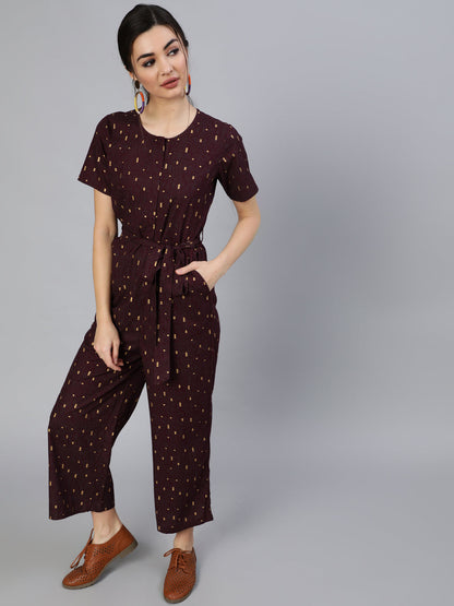 Women's Burgundy Printed Jumpsuit With Side Pockets