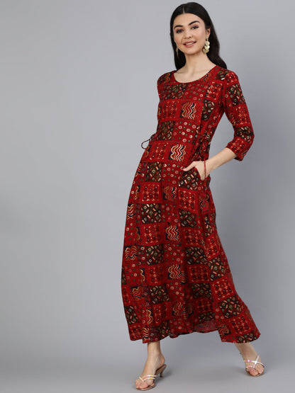 Women's Red Printed Dress With Three Quarter Sleeves