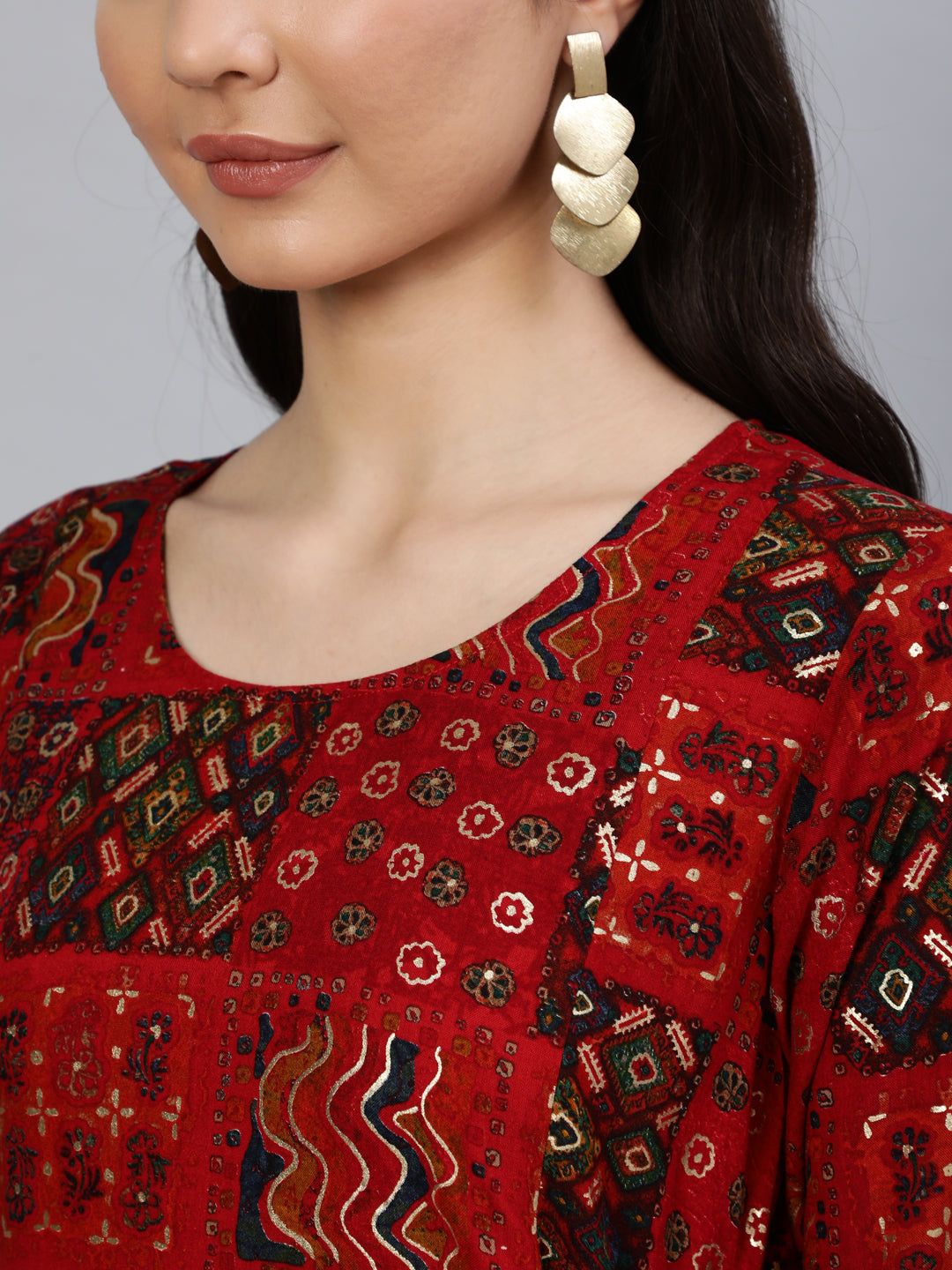 Women's Red Printed Dress With Three Quarter Sleeves