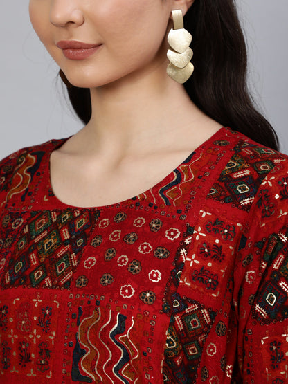 Women's Red Printed Dress With Three Quarter Sleeves