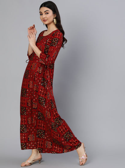 Women's Red Printed Dress With Three Quarter Sleeves