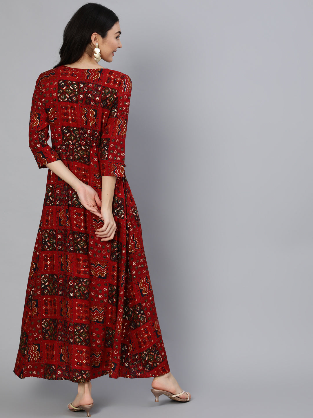 Women's Red Printed Dress With Three Quarter Sleeves