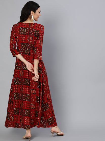 Women's Red Printed Dress With Three Quarter Sleeves