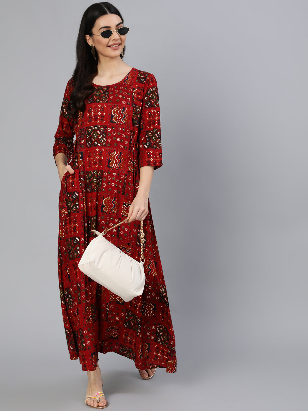 Women's Red Printed Dress With Three Quarter Sleeves