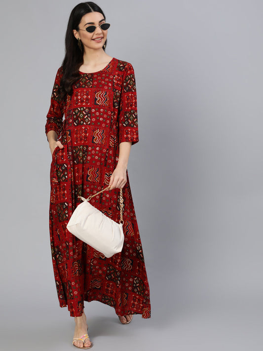 Women's Red Printed Dress With Three Quarter Sleeves