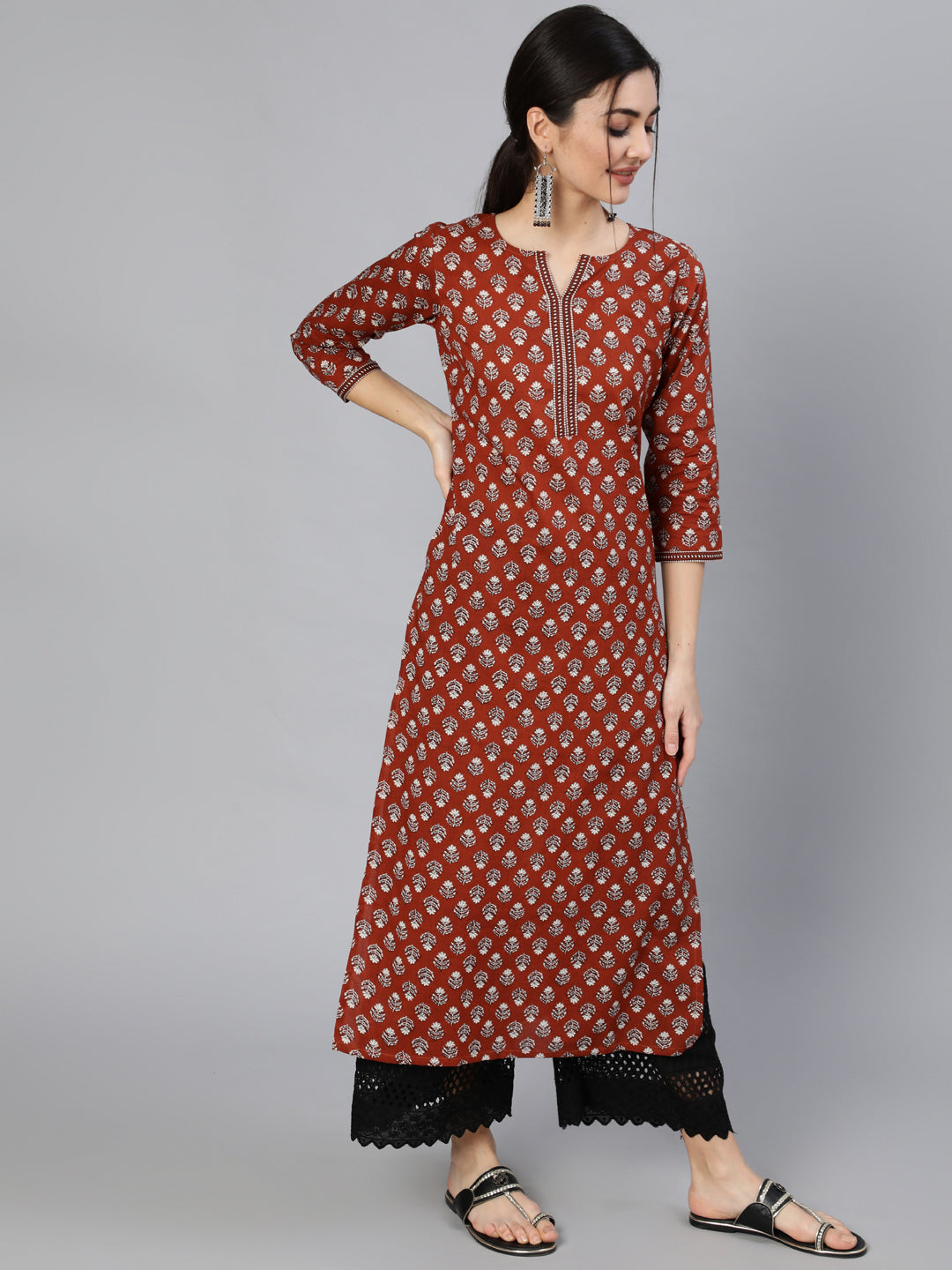 Women's Maroon Ethnic Printed Straight Kurta With Three Quarter Sleeves