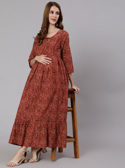 Women's Rust Ethnic Printed Maternity Dress With Three Quarter Sleeves