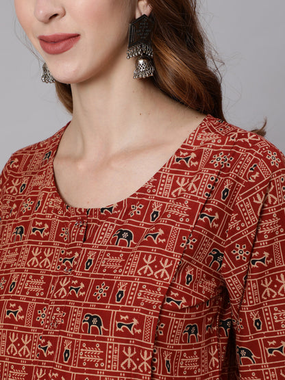 Women's Rust Ethnic Printed Maternity Dress With Three Quarter Sleeves