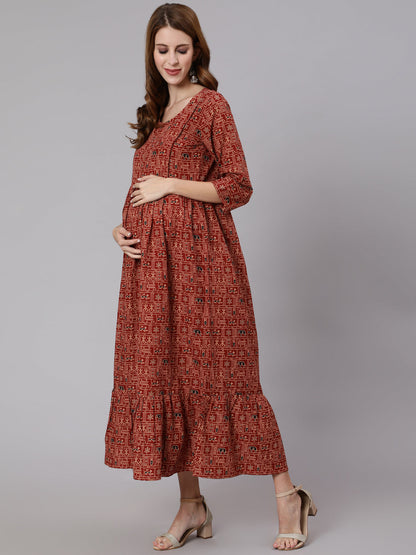 Women's Rust Ethnic Printed Maternity Dress With Three Quarter Sleeves