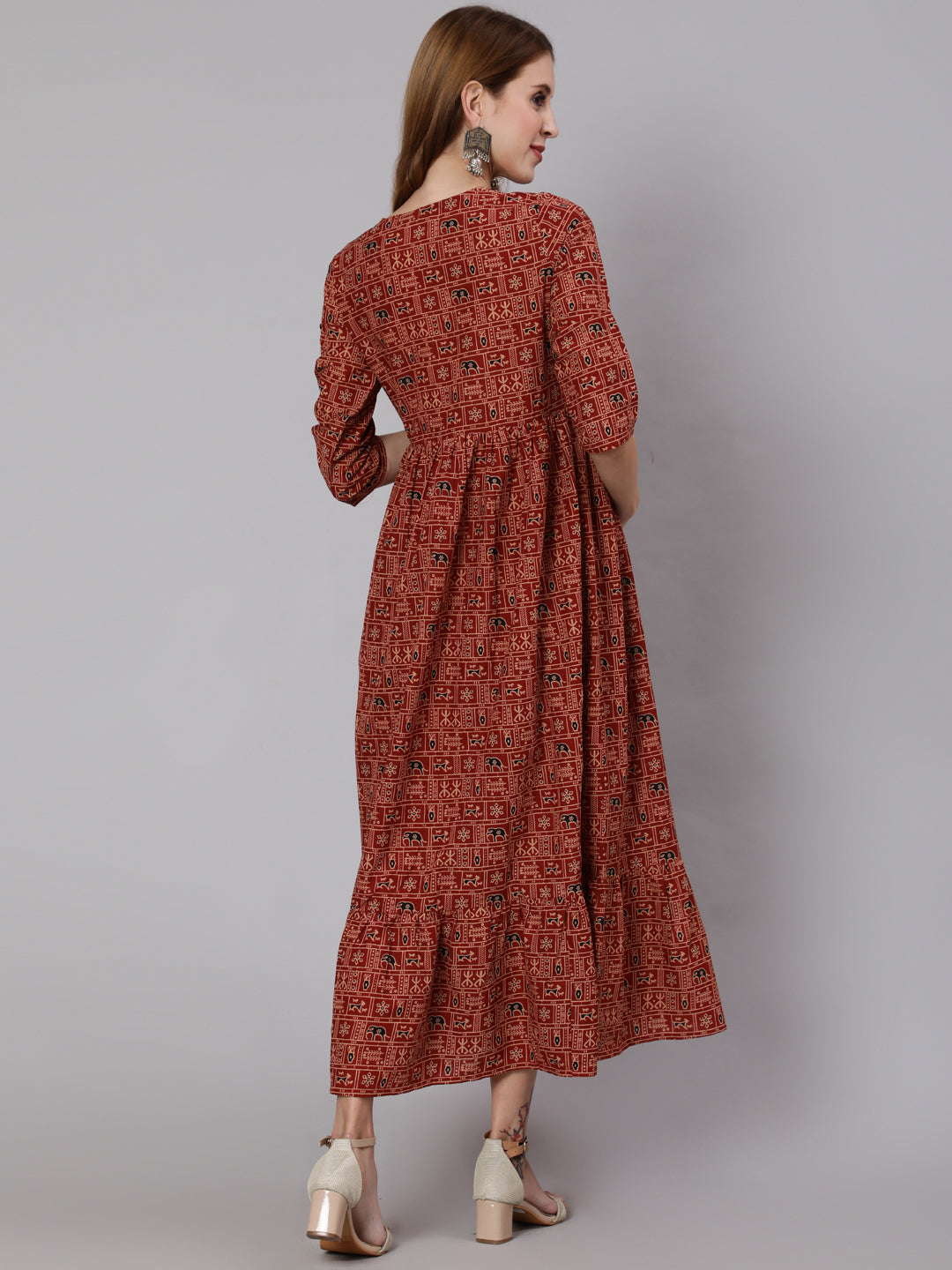 Women's Rust Ethnic Printed Maternity Dress With Three Quarter Sleeves