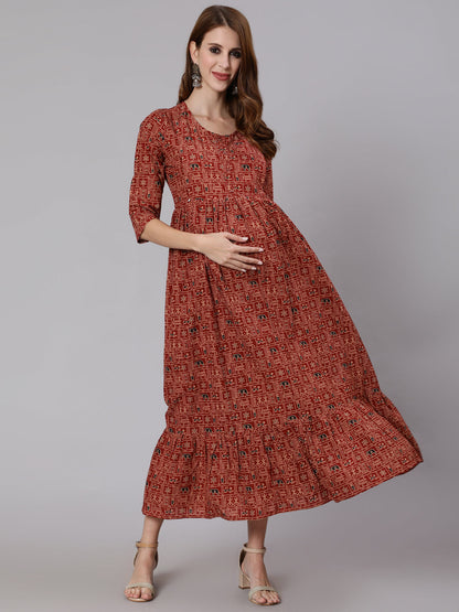 Women's Rust Ethnic Printed Maternity Dress With Three Quarter Sleeves