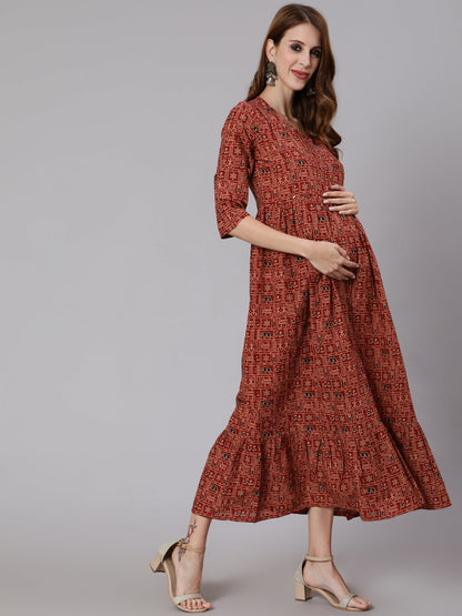 Women's Rust Ethnic Printed Maternity Dress With Three Quarter Sleeves