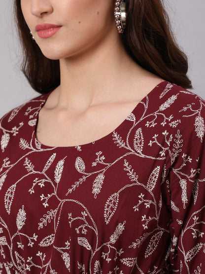 Women's Burgundy Ethnic Printed Flared Dress With Three Quarter Sleevs