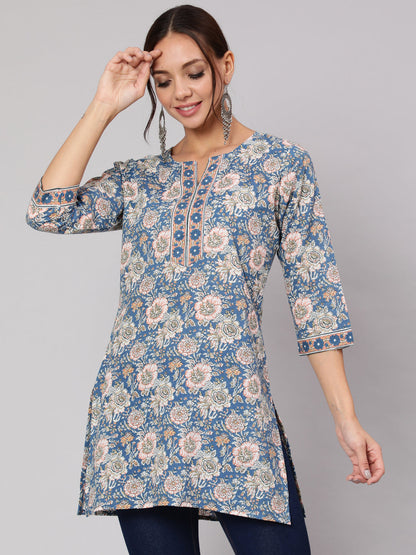 Women's Blue & Pink Floral Printed Straight Tunic With Three Quarter Sleeves