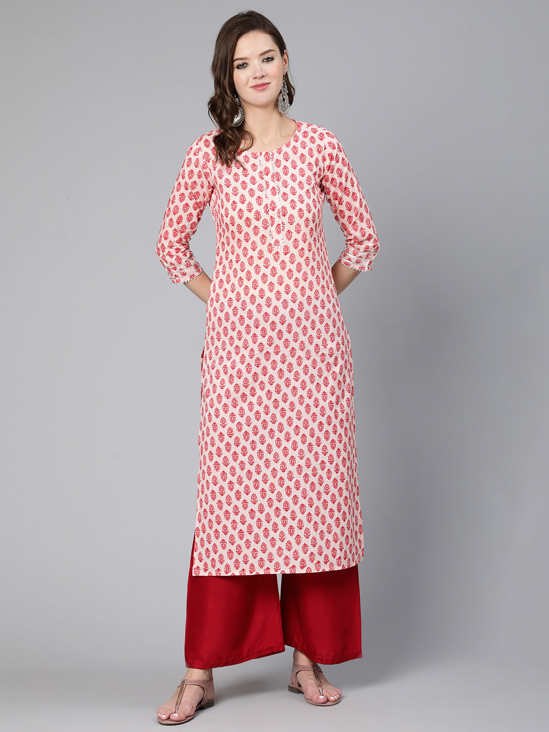 Women's Pink Ethnic Printed Straight Kurta With Three Quarter Sleeves