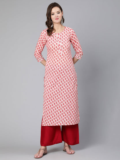 Women's Pink Ethnic Printed Straight Kurta With Three Quarter Sleeves