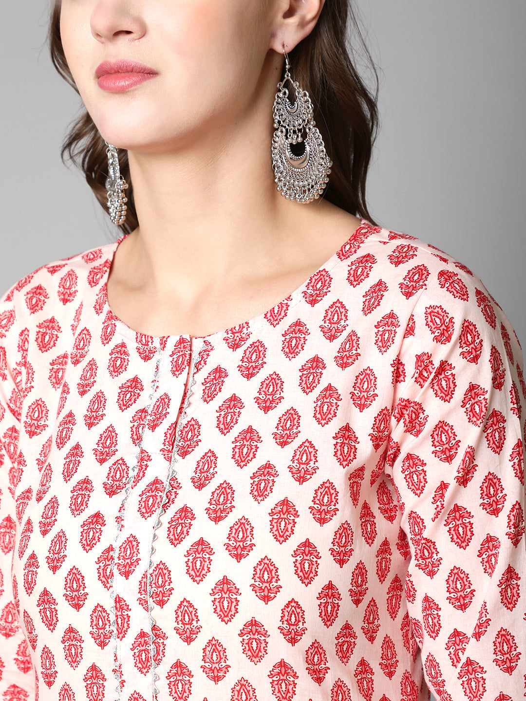 Women's Pink Ethnic Printed Straight Kurta With Three Quarter Sleeves